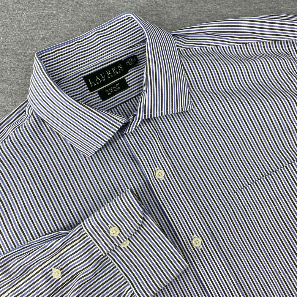 Ralph Lauren Mens‎ Sz 17 1/2 Classic Fit Non-Iron Button Up Purple Gray Stripe